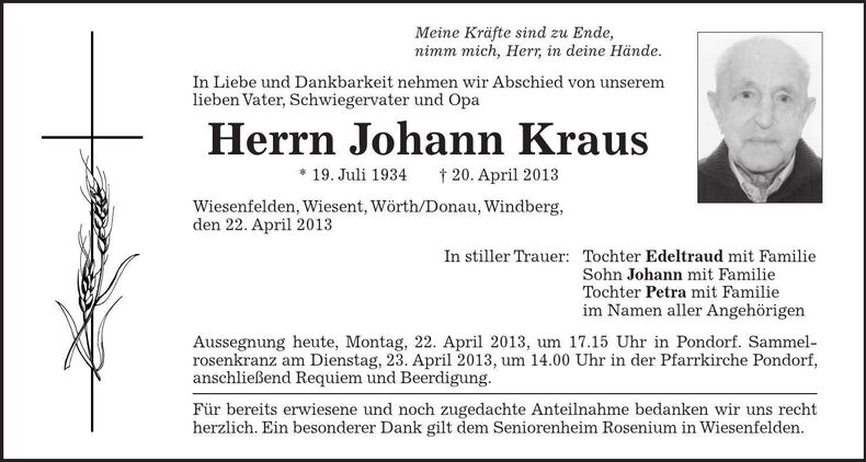 Traueranzeige Johann Kraus