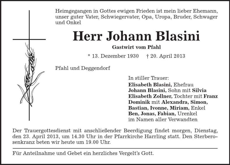 Traueranzeige Johann Blasini