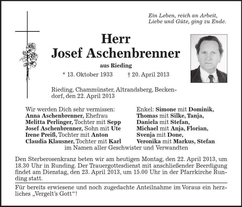 Traueranzeige Josef Aschenbrenner