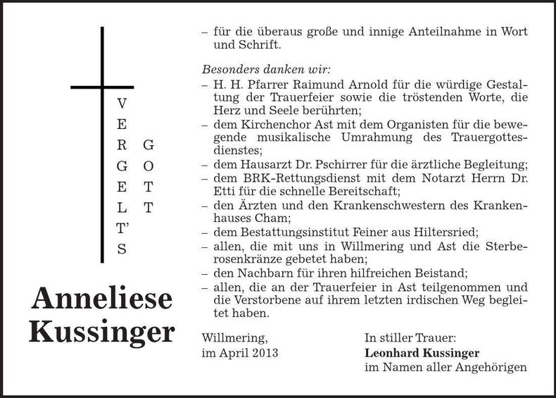 Traueranzeige Anneliese Kussinger