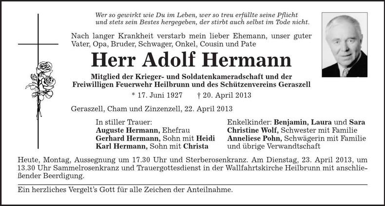 Traueranzeige Adolf Hermann