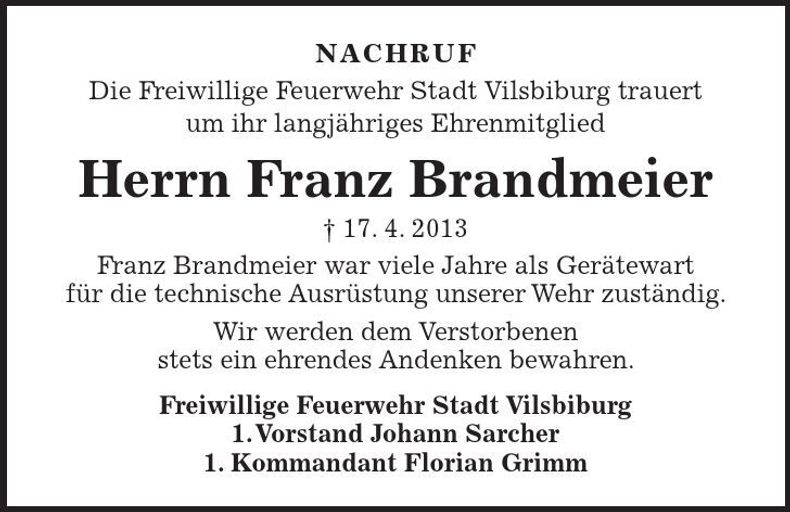 Traueranzeige Franz Brandmeier