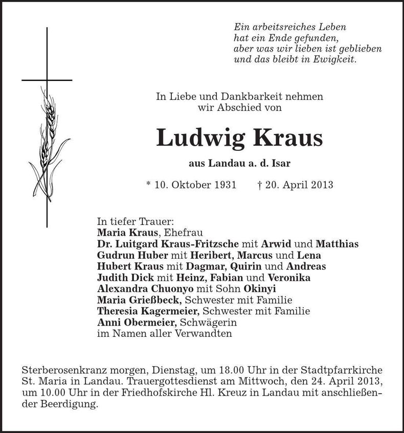 Traueranzeige Ludwig Kraus