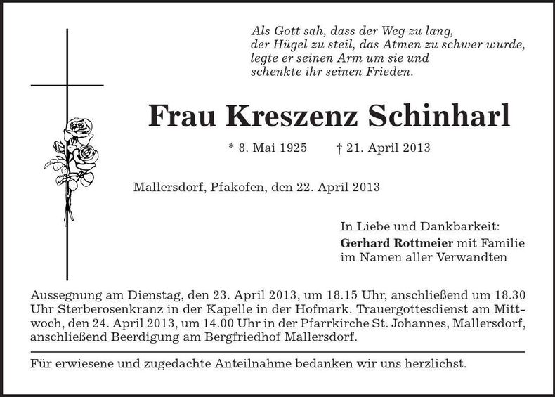 Traueranzeige Kreszenz Schinharl