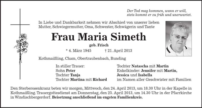 Traueranzeige Maria Simeth