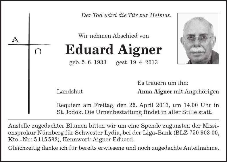 Traueranzeige Eduard Aigner