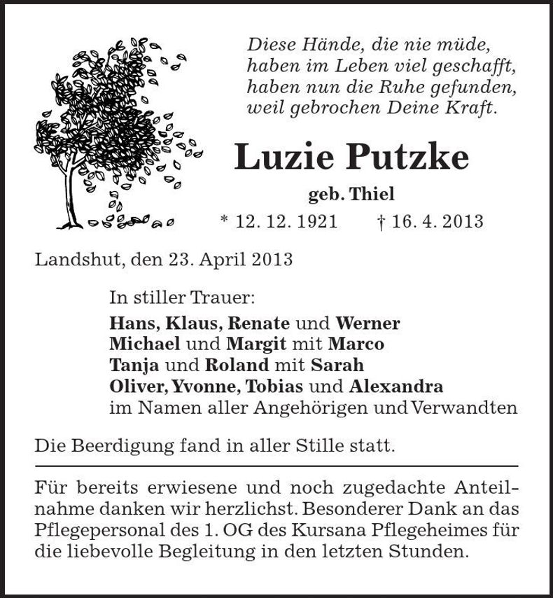 Traueranzeige Luzie Putzke