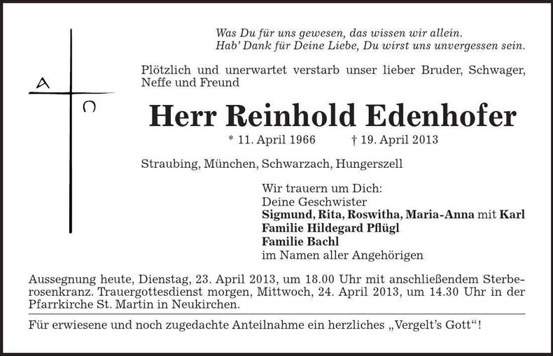 Traueranzeige Reinhold Edenhofer