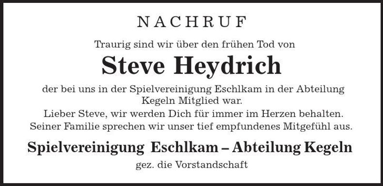 Traueranzeige Steve Heydrich