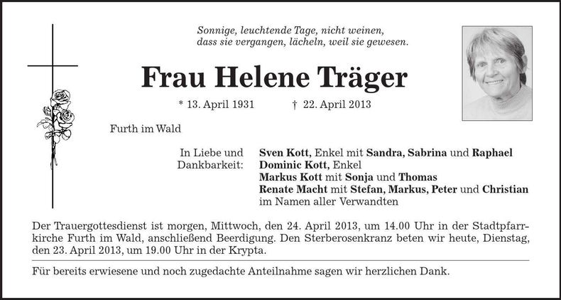 Traueranzeige Helene Träger