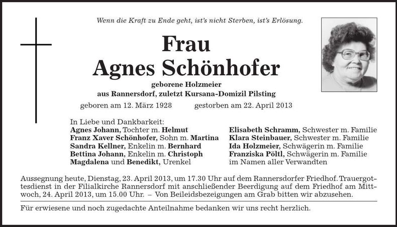 Traueranzeige Agnes Schönhofer