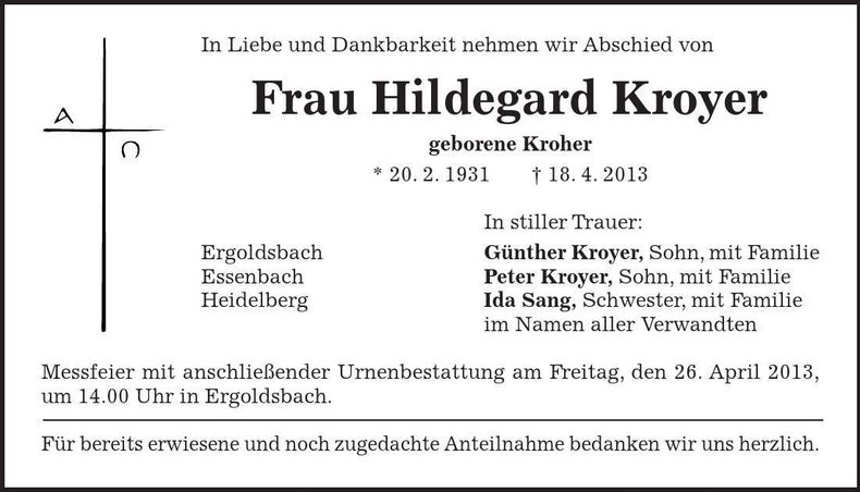 Traueranzeige Hildegard Kroyer