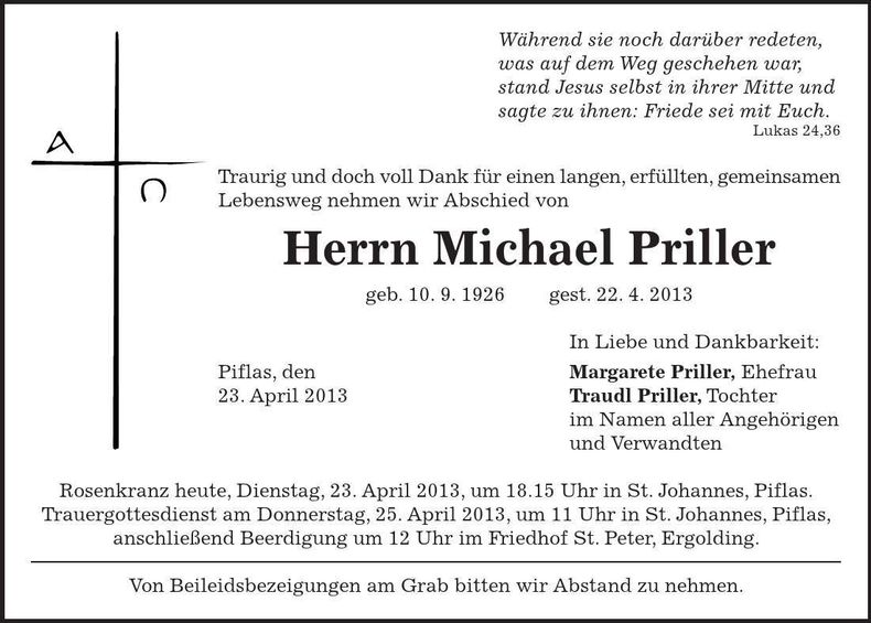 Traueranzeige Michael Priller