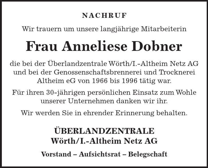 Traueranzeige Anneliese Dobner