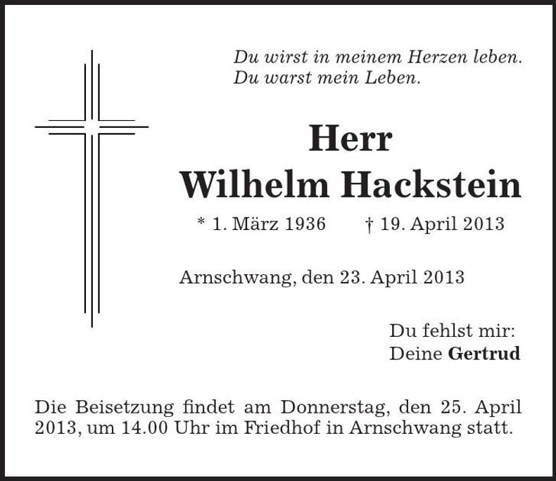 Traueranzeige Wilhelm Hackstein