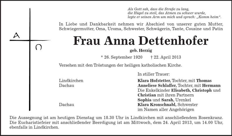 Traueranzeige Anna Dettenhofer