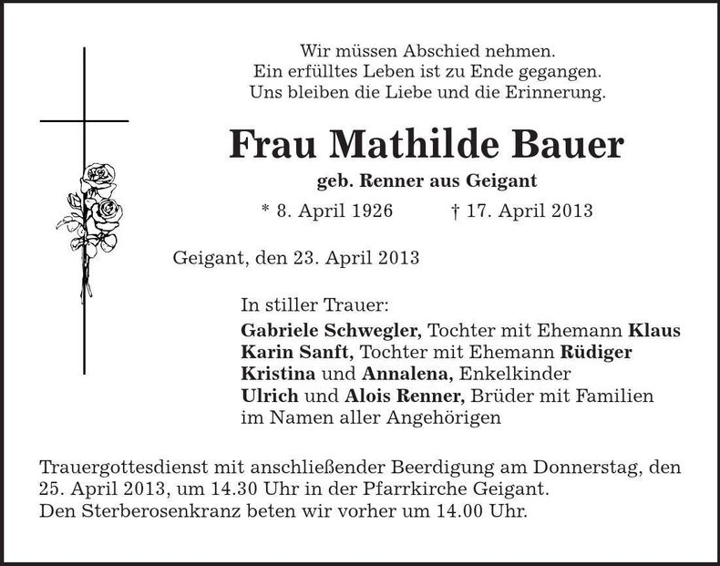 Traueranzeige Mathilde Bauer
