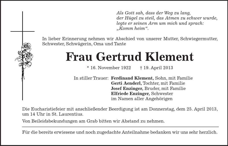 Traueranzeige Gertrud Klement
