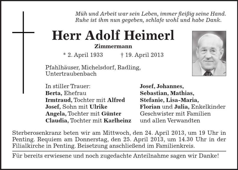 Traueranzeige Adolf Heimerl