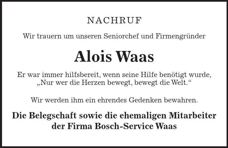 Traueranzeige Alois Waas