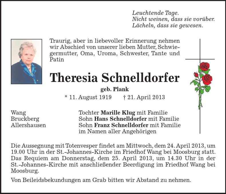 Traueranzeige Theresia Schnelldorfer