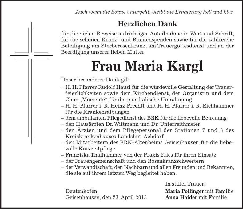Traueranzeige Maria Kargl