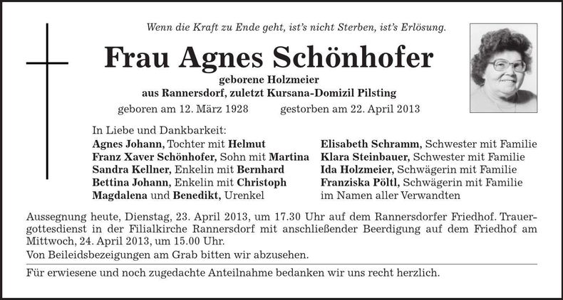 Traueranzeige Agnes Schönhofer