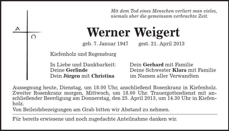 Traueranzeige Werner Weigert