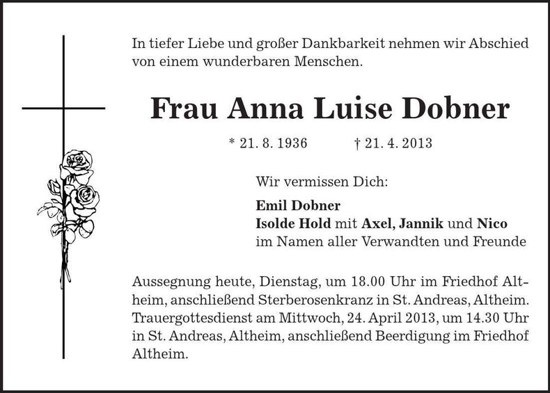 Traueranzeige Anna Luise Dobner