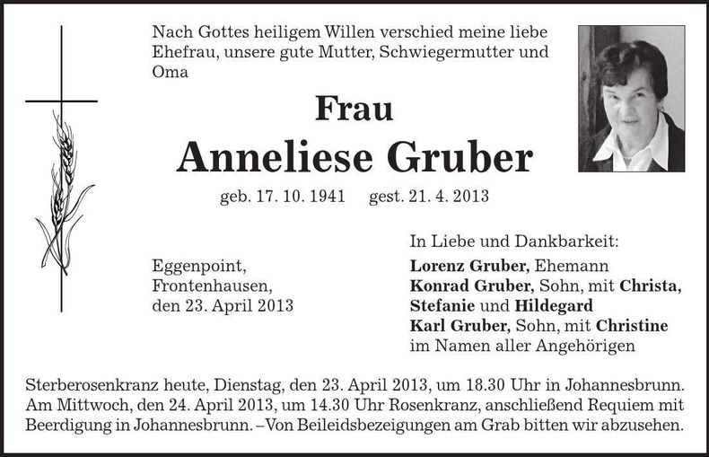 Traueranzeige Anneliese Gruber