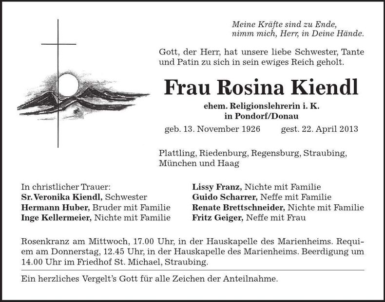 Traueranzeige Rosina Kiendl