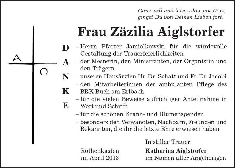 Traueranzeige Zäzilia Aiglstorfer