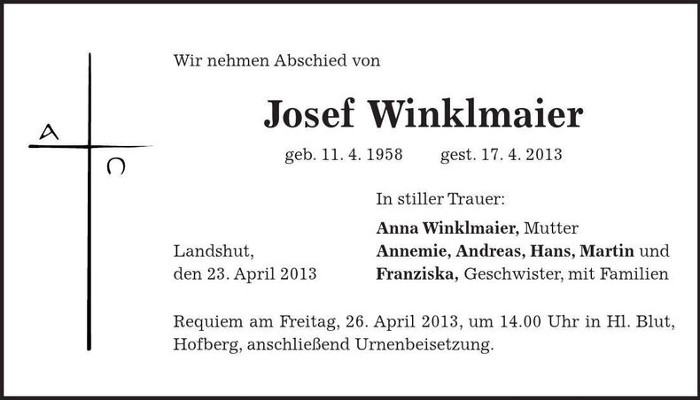 Traueranzeige Josef Winklmaier