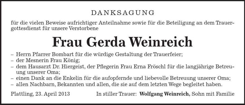 Traueranzeige Gerda Weinreich
