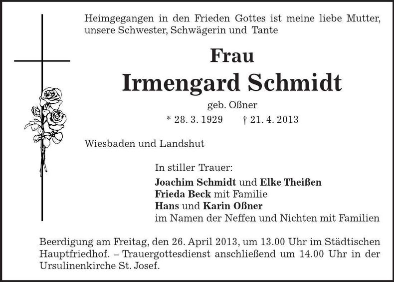 Traueranzeige Irmengard Schmidt