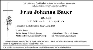 Traueranzeige Johanna Bauer