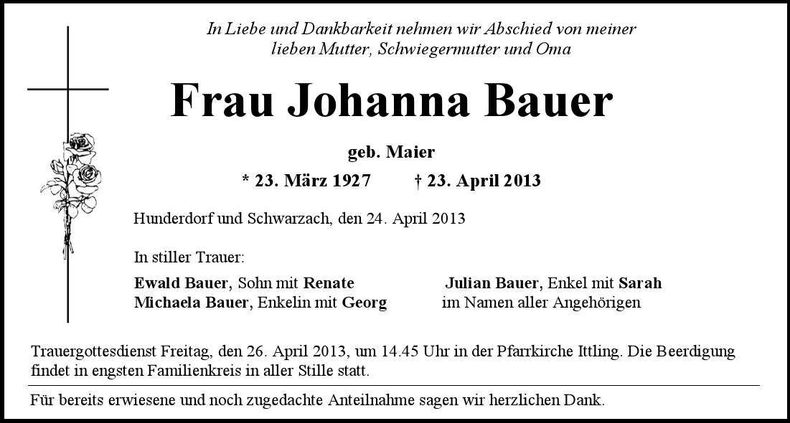 Traueranzeige Johanna Bauer