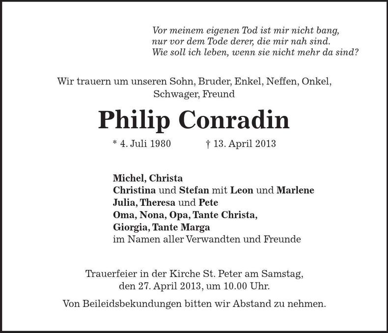 Traueranzeige Philip Conradin