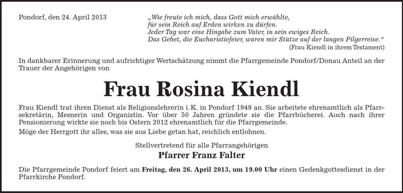 Traueranzeige Rosina Kiendl