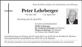 Traueranzeige Peter Lehrberger