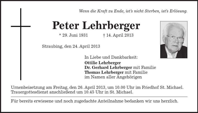 Traueranzeige Peter Lehrberger