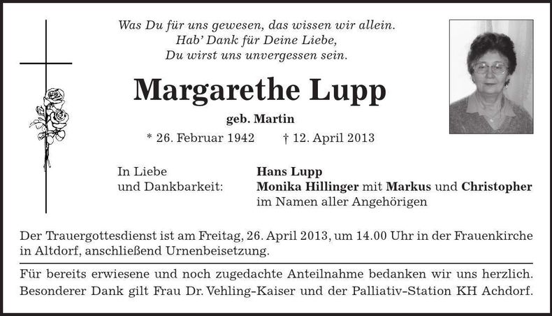 Traueranzeige Margarethe Lupp