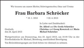 Traueranzeige Barbara Schröcker