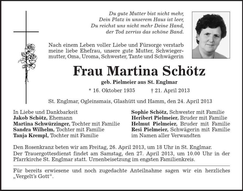 Traueranzeige Martina Schötz