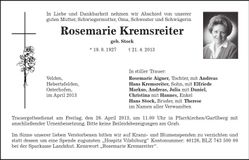 Traueranzeige Rosemarie Kremsreiter