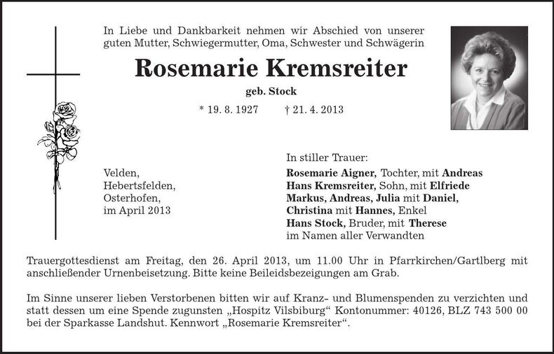 Traueranzeige Rosemarie Kremsreiter