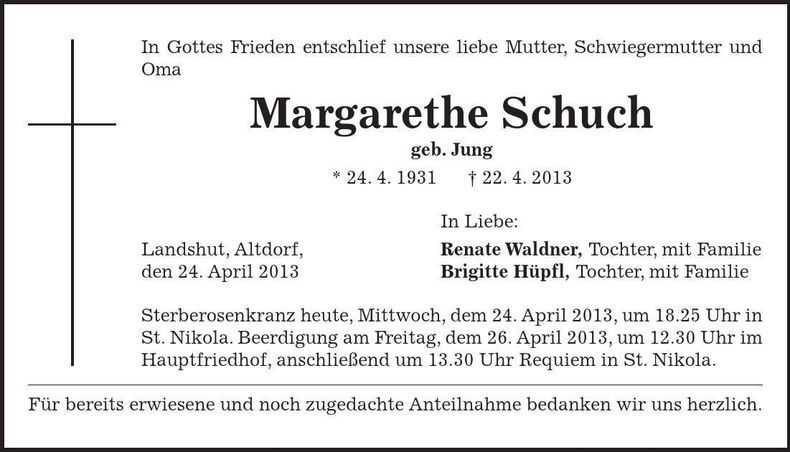 Traueranzeige Margarete Schuch