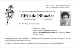 Traueranzeige Elfriede Pillmeier