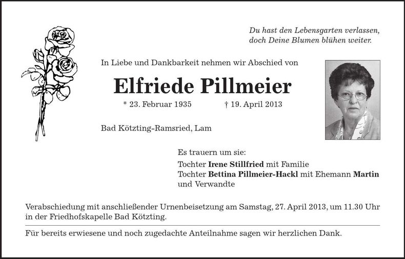 Traueranzeige Elfriede Pillmeier