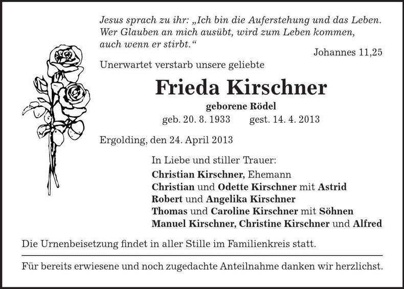 Traueranzeige Frieda Kirschner